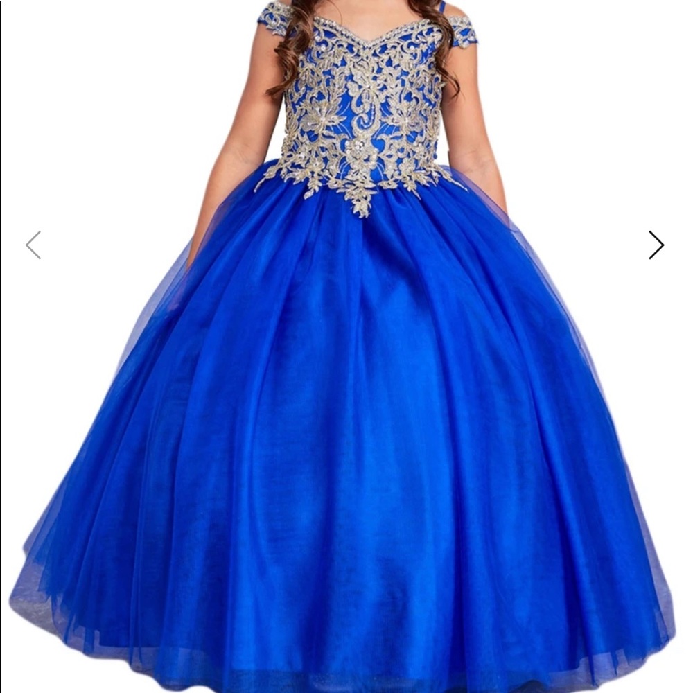 Royal Blue Gold Pageant Dress- off shoulder